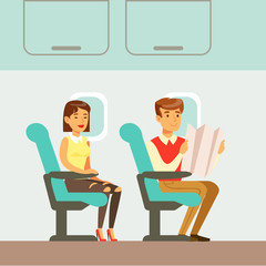 People Waiting For Departure In The Plane, Part Of People Taking Different Transport Types Series Of Cartoon Scenes With Happy Travelers