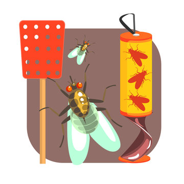 Yellow sticky tape for flies and red fly swatter. Colorful cartoon illustration