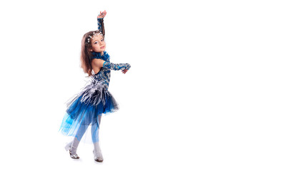 Fototapeta premium Littl Girl Dancer Poses with Leg Lifted in Tap Shoes and Costume