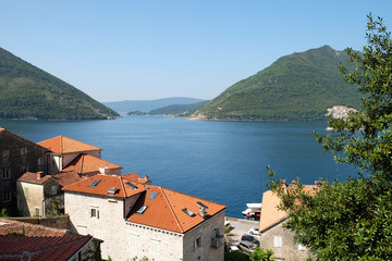 View of town Perast and Verige Strait in Kotor Bay, Montenegro