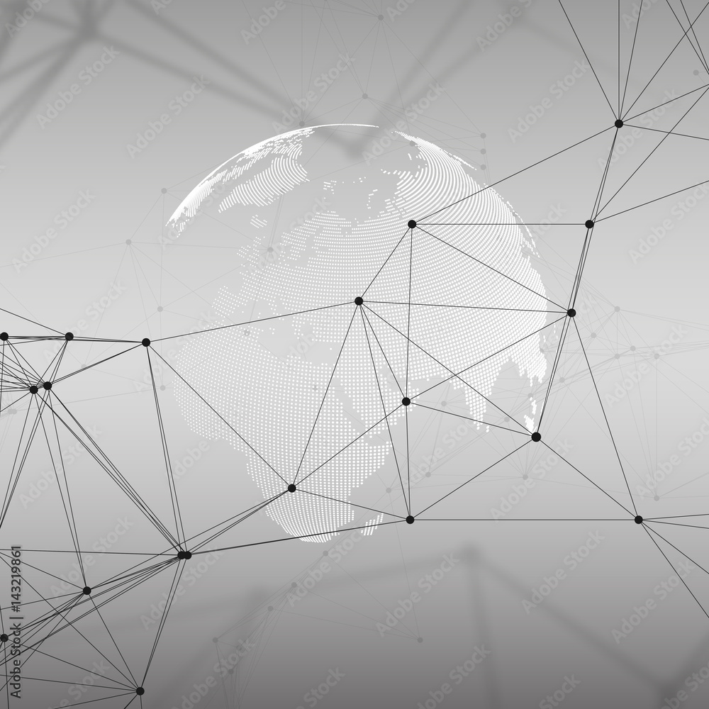 Poster dotted world globe with chemistry pattern, connecting lines and dots. molecule structure on gray. sc