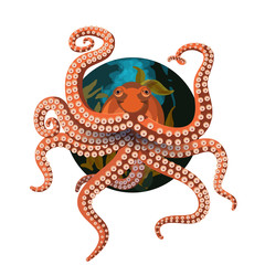 Octopus on a circular background with 8 sucker legs twerling around it  & air bubbles and seaweed behind.