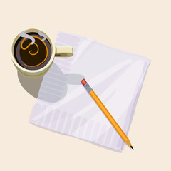 Cup of steaming coffee and a napkin and pencil sitting on a plain beige background.
