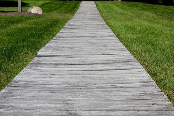 The wooden boardwalk in the grass.