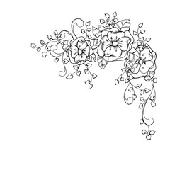 Antistress coloring book page design for adults with flower branch, blossoming. Black and white corner frame for decor. Vector illustration