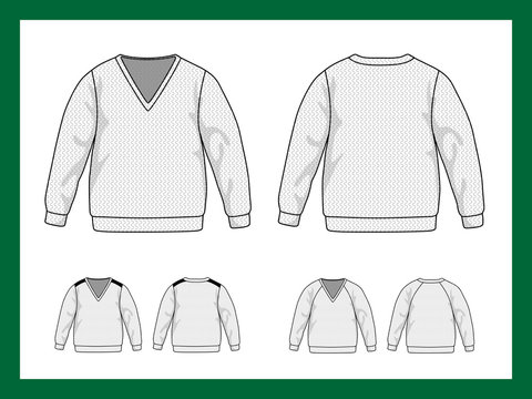 Vector image templates kids sweater sleeves raglan V-shape collar