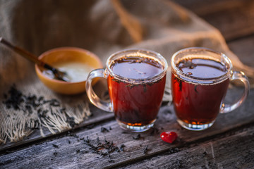 black tea on the wood background