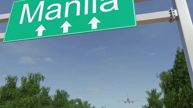 Airplane arriving to Manila airport. Travelling to Philippines conceptual 4K animation