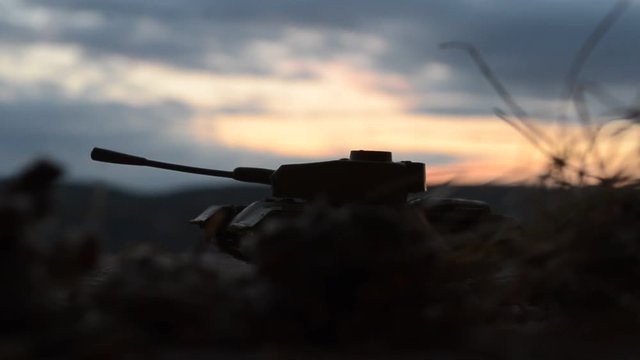 German Tiger tank silhouette at sunset. Tank of World war