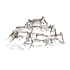 Hand drawn famous old Castle, Edinburgh Castle. Vector illustration.