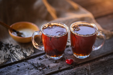 black tea on the wood background