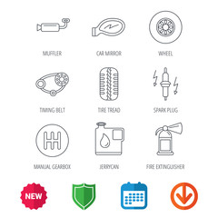 Wheel, car mirror and timing belt icons. Fire extinguisher, jerrycan and manual gearbox linear signs. Muffler, spark plug icons. New tag, shield and calendar web icons. Download arrow. Vector