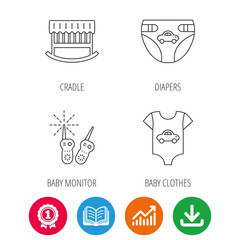 Newborn clothes, diapers and sleep cradle icons. Radio monitoring linear sign. Award medal, growth chart and opened book web icons. Download arrow. Vector