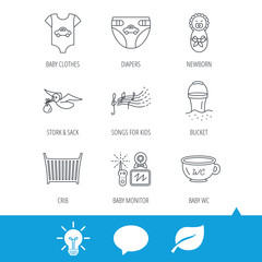 Diapers, newborn baby and clothes icons. Kids songs, beach bucket and bed linear signs. Video monitoring, wc flat line icons. Light bulb, speech bubble and leaf web icons. Vector