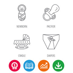 Pacifier, newborn and diapers icons. Cradle bed linear sign. Award medal, growth chart and opened book web icons. Download arrow. Vector