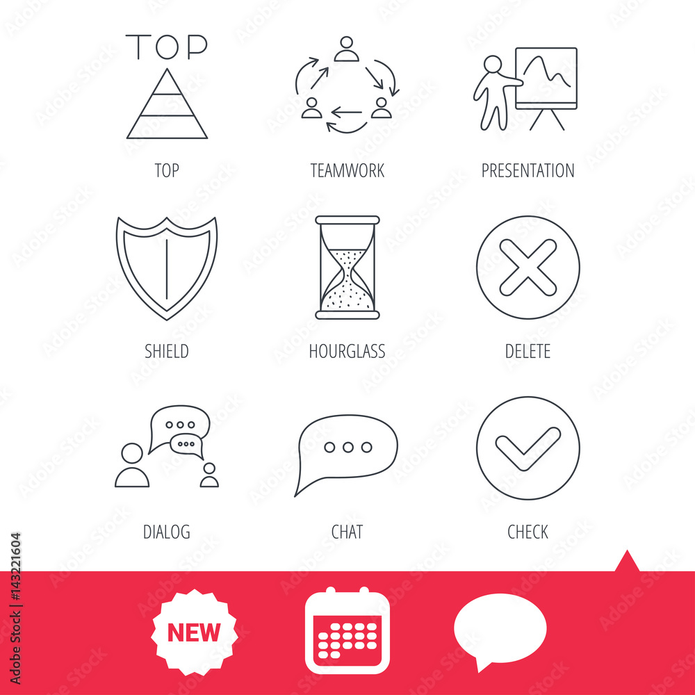Poster teamwork, presentation and dialog icons. chat speech bubble, shield and pyramid linear signs. check,