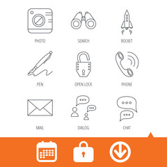 Photo, startup rocket and search icons. Pen, lock and mail linear signs. Dialog chat bubbles, phone call flat line icons. Download arrow, locker and calendar web icons. Vector