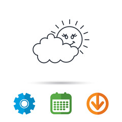 Cloudy day with sun icon. Overcast weather sign. Meteorology symbol. Calendar, cogwheel and download arrow signs. Colored flat web icons. Vector