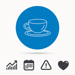 Coffee cup icon. Tea or hot drink sign. Calendar, attention sign and growth chart. Button with web icon. Vector