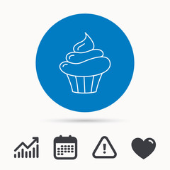 Cupcake icon. Dessert cake sign. Delicious bakery food symbol. Calendar, attention sign and growth chart. Button with web icon. Vector