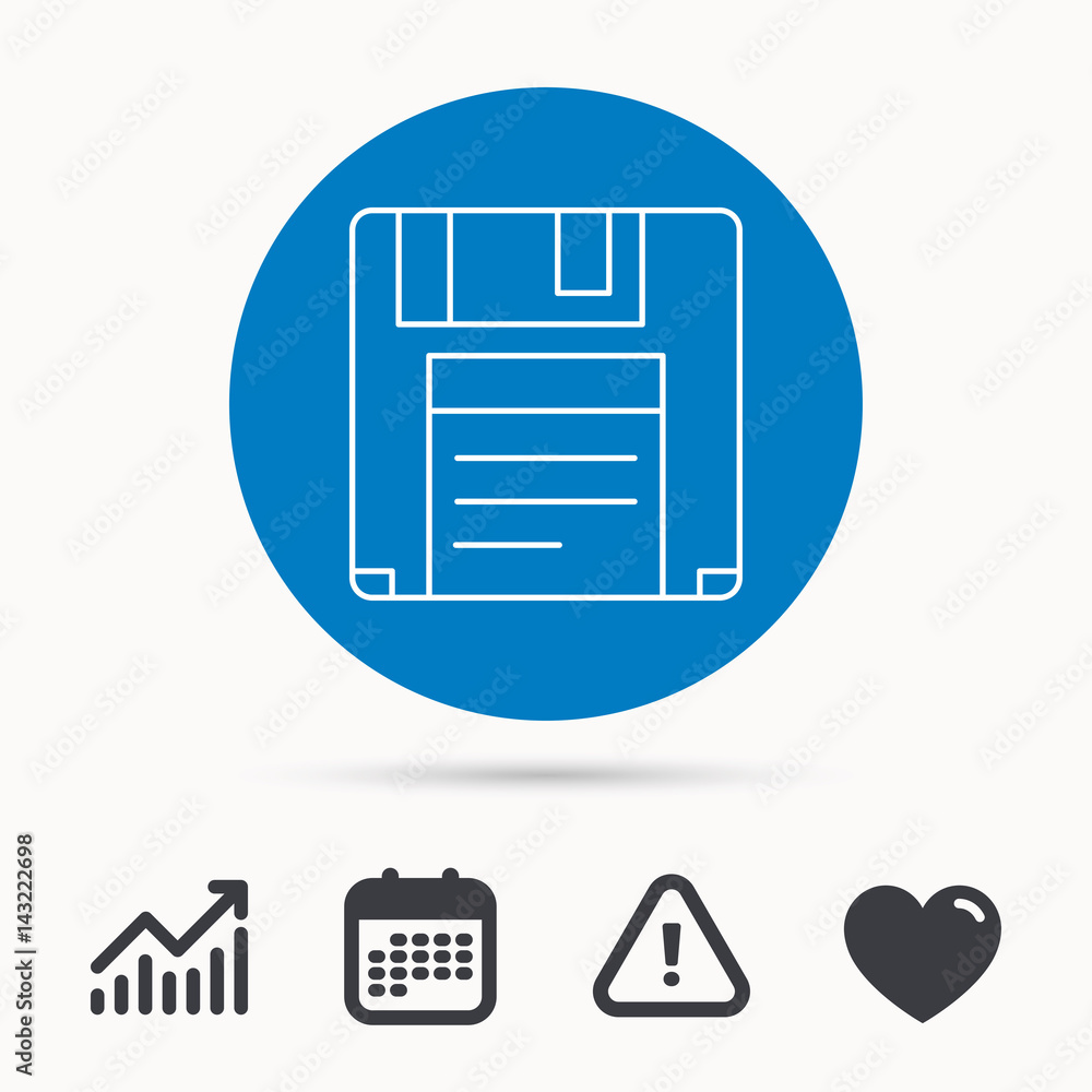 Poster floppy disk icon. retro data storage sign. calendar, attention sign and growth chart. button with we