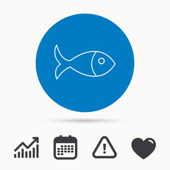 Fish icon. Seafood sign. Vegetarian food symbol. Calendar, attention sign and growth chart. Button with web icon. Vector