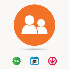 Friends icon. Group of people sign. Communication symbol. Calendar, download arrow and new tag signs. Colored flat web icons. Vector