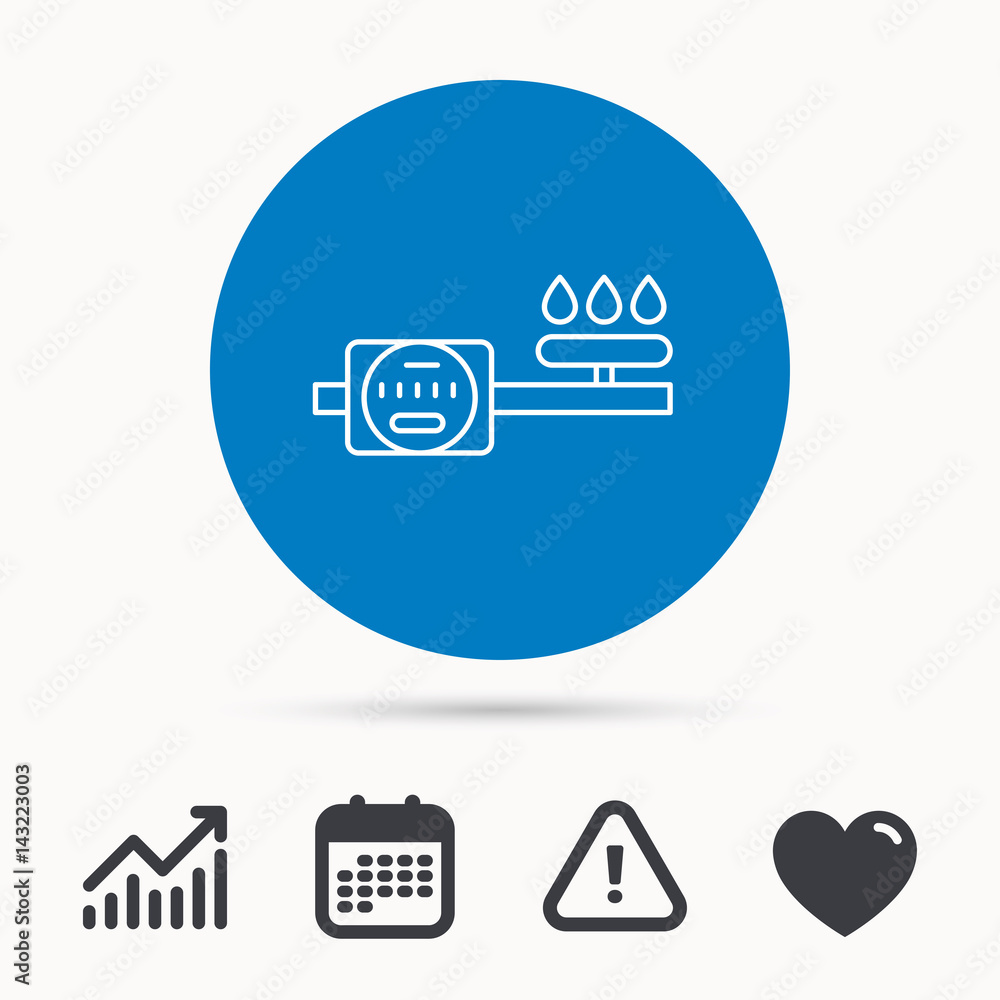 Poster gas counter icon. pipe with fire sign. calendar, attention sign and growth chart. button with web ic