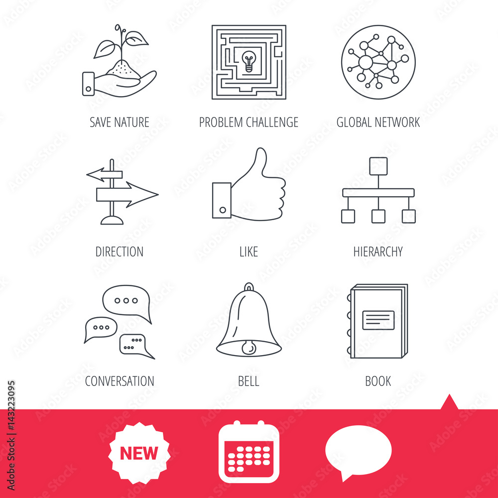 Poster global network, like and conversation icons. book, bell and direction arrows linear signs. save natu
