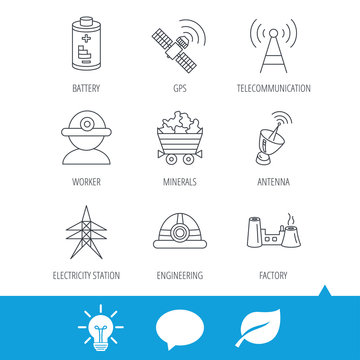 Worker, minerals and engineering helm icons. GPS satellite, electricity station and factory linear signs. Telecommunication, battery icons. Light bulb, speech bubble and leaf web icons. Vector