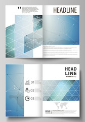 The vector illustration of the editable layout of two A4 format modern cover mockups design templates for brochure, flyer, booklet. Chemistry pattern, connecting lines and dots. Medical concept.
