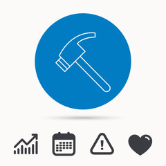 Hammer icon. Repair or fix tool sign. Calendar, attention sign and growth chart. Button with web icon. Vector