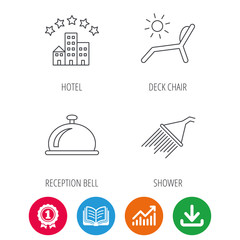 Fototapeta premium Hotel, shower and beach deck chair icons. Reception bell linear sign. Award medal, growth chart and opened book web icons. Download arrow. Vector
