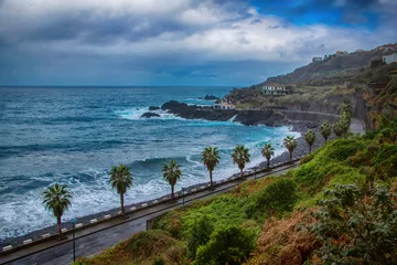 Wall murals Atlantic Ocean Road Old road along the ocean, waves, palm trees and mountains on Madeira Island, Portugal.