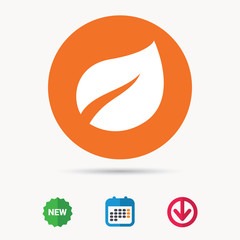 Leaf icon. Fresh organic product symbol. Calendar, download arrow and new tag signs. Colored flat web icons. Vector
