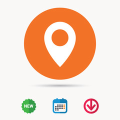 Location icon. Map pointer symbol. Calendar, download arrow and new tag signs. Colored flat web icons. Vector
