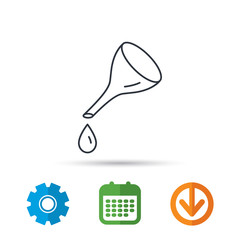 Oil change service icon. Fuel can with drop sign. Calendar, cogwheel and download arrow signs. Colored flat web icons. Vector