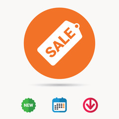 Sale coupon icon. Special offer tag symbol. Calendar, download arrow and new tag signs. Colored flat web icons. Vector