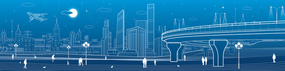 Automobile overpasses, infrastructure and city panorama, people walking, airplane fly, night town, towers and skyscrapers, urban scene, vector design art