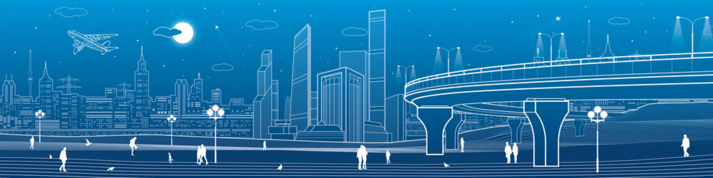 Automobile overpasses, infrastructure and city panorama, people walking, airplane fly, night town, towers and skyscrapers, urban scene, vector design art