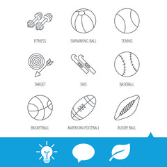 Fototapeta premium Sport fitness, tennis and basketball icons. Baseball, skis and American footbal signs. Rugby, swimming or pilates ball icons. Light bulb, speech bubble and leaf web icons. Vector