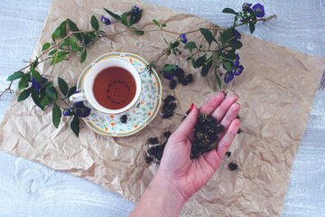 Cup of green tea Milk oolong and scattered cones for brewing on the wooden table