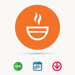 Tea cup icon. Hot coffee drink symbol. Calendar, download arrow and new tag signs. Colored flat web icons. Vector