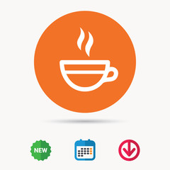 Tea cup icon. Hot coffee drink symbol. Calendar, download arrow and new tag signs. Colored flat web icons. Vector