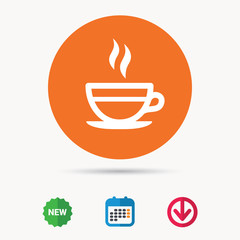 Tea cup icon. Hot coffee drink symbol. Calendar, download arrow and new tag signs. Colored flat web icons. Vector