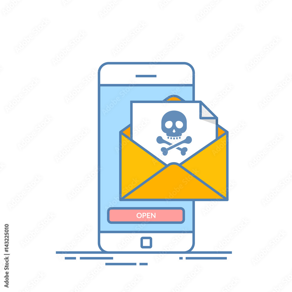 Poster back malware notification in email on mobile phone. concept of spam data on cellphone fraud error me