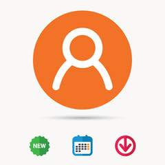 User icon. Human person symbol. Avatar login sign. Calendar, download arrow and new tag signs. Colored flat web icons. Vector