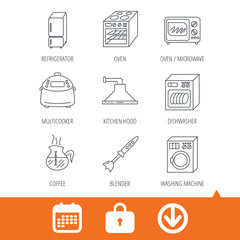 Fototapeta premium Microwave oven, washing machine and blender icons. Refrigerator fridge, dishwasher and multicooker linear signs. Coffee icon. Download arrow, locker and calendar web icons. Vector