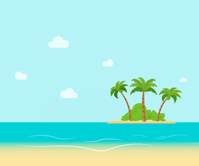 Fototapeta na wymiar Tropical coast, beach with hang palm trees. View of the Sea, the island green and the sky with large clouds. Flat vector illustration.