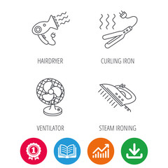 Steam ironing, curling iron and hairdryer icons. Ventilator linear sign. Award medal, growth chart and opened book web icons. Download arrow. Vector